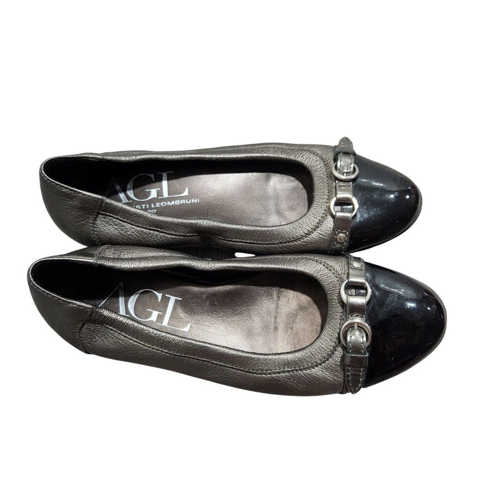 AGL Cap Toe Ballet Flats‎ 37 Black Leather Patent Buckle Italy EUC